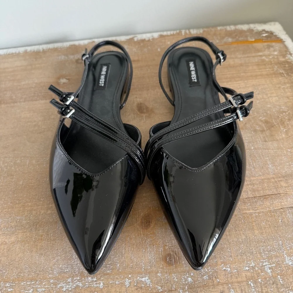 Nine West Black Patent Pointed Slingback Flats with Double Straps